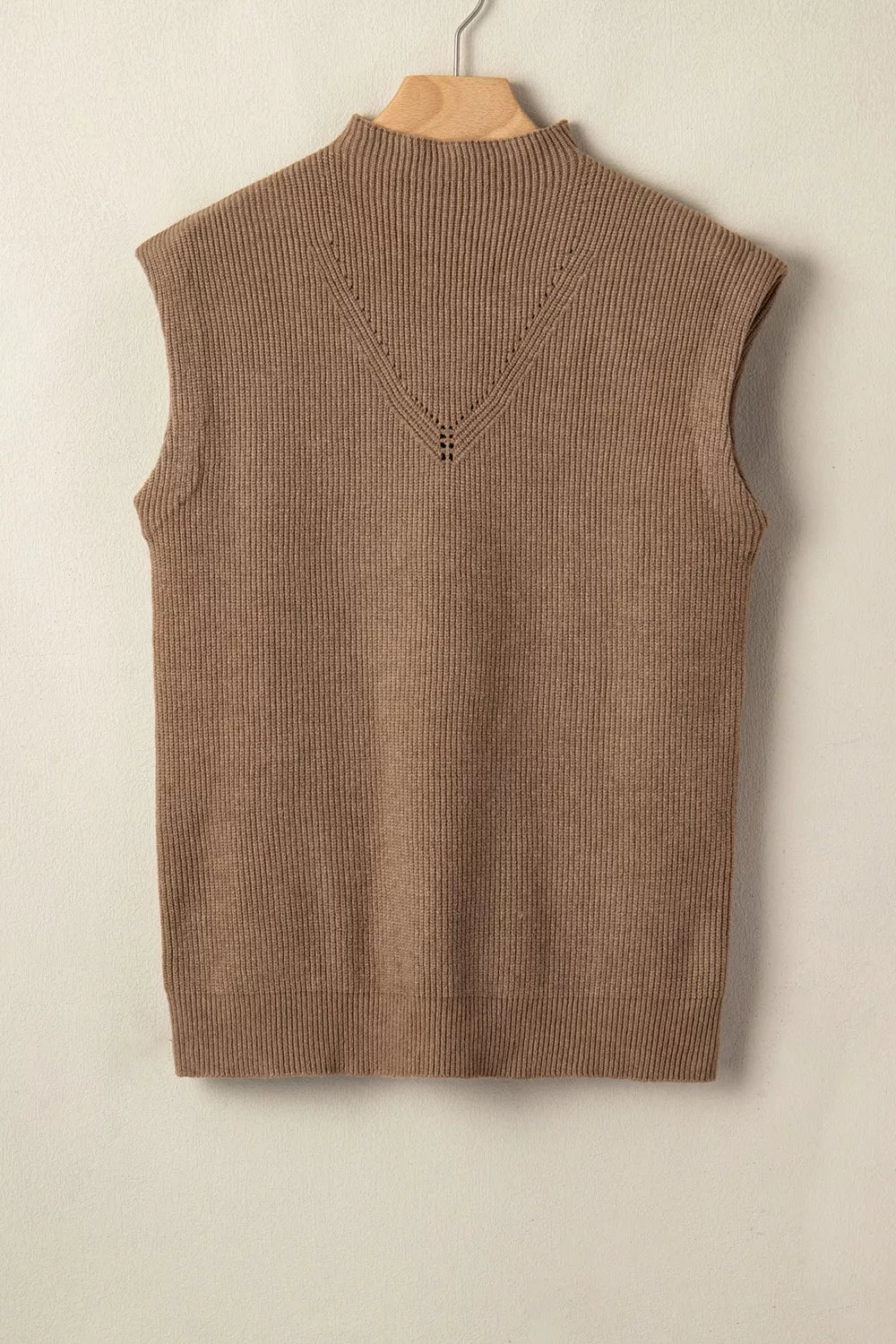 Brown ribbed knit mock neck sweater vest with V-neck detail