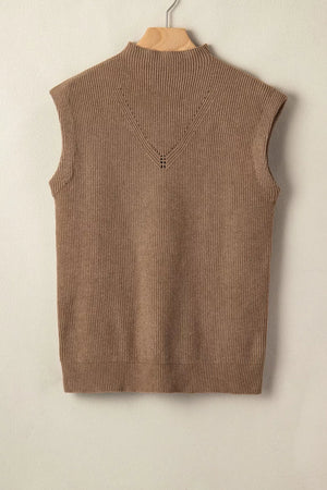 Brown ribbed knit mock neck sweater vest with V-neck detail