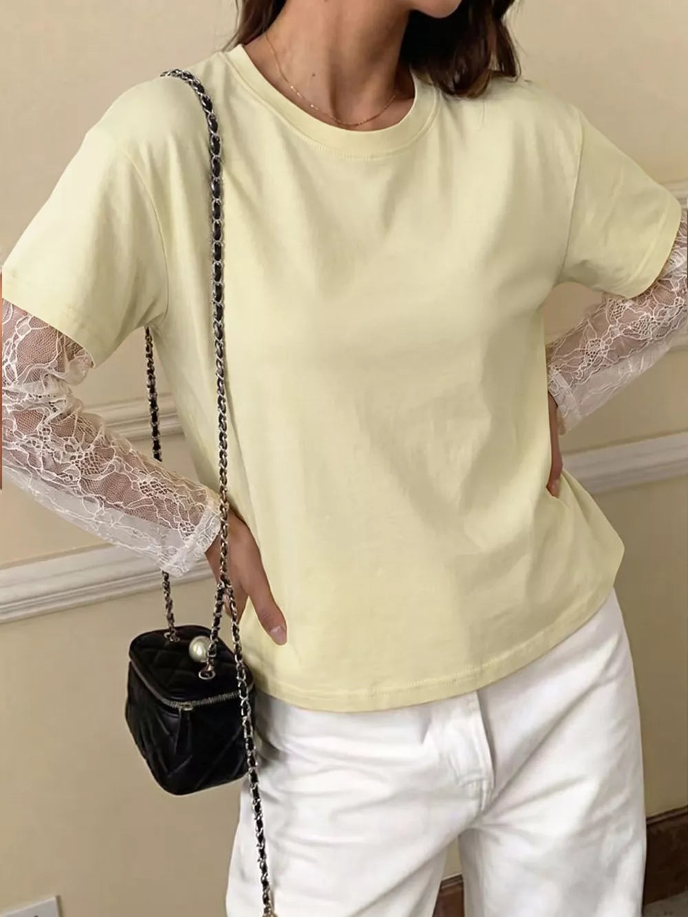 Lace Sleeve Round Neck T-shirt in Yellow, front view