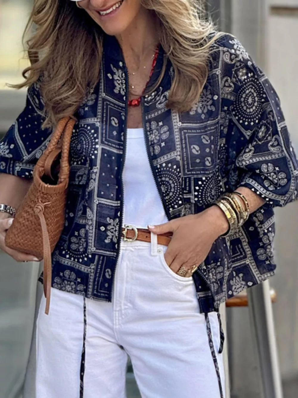 Printed Zip Up Jacket in Black, back view