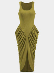 Olive ruched midi dress with a thigh slit and draped detail.