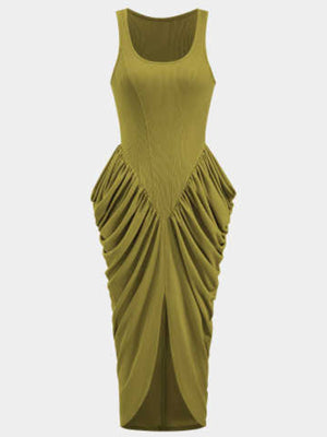 Olive ruched midi dress with a thigh slit and draped detail.