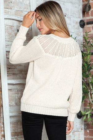 Cream ribbed knit pullover sweater with lace yoke detail