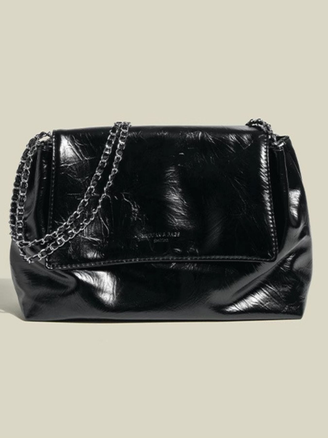 Black crinkled pu leather shoulder bag with chain strap