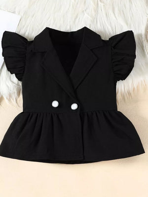 Black toddler peplum blazer set with ruffle sleeves and double-breasted buttons.