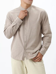 Men's Desert Color 100% Cotton Mandarin Collar Shirt with button-down front and long sleeves.