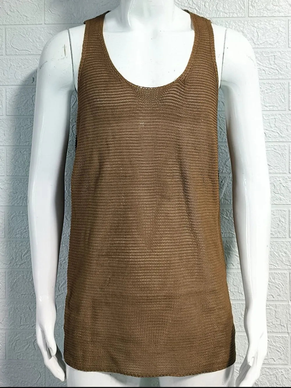 Open-knit scoop neck tank top in taupe acrylic with a textured weave.