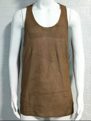 Open-knit scoop neck tank top in taupe acrylic with a textured weave.