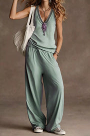 Air Force Blue V-neck tank and wide-leg pants set with elastic waist.