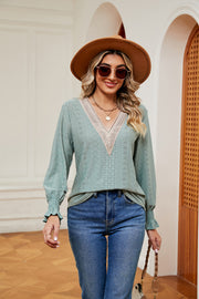Gum Leaf eyelet blouse with lace trim neckline and ruffle cuffs