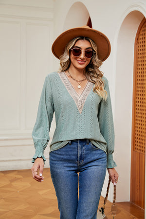 Gum Leaf eyelet blouse with lace trim neckline and ruffle cuffs