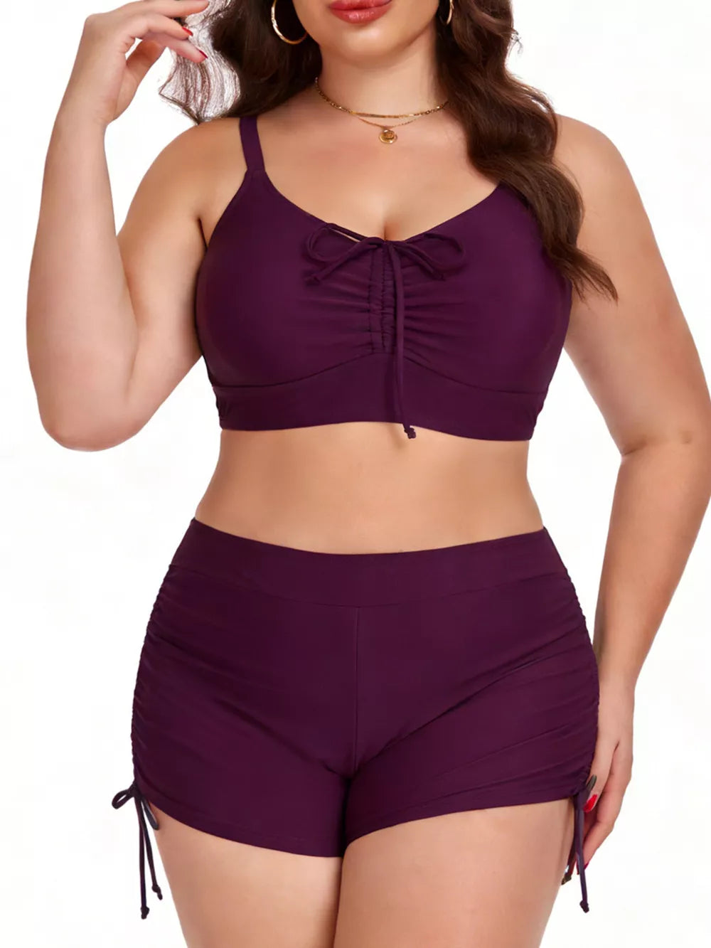Plus size Deep Purple adjustable drawstring bikini set with ruched shorts.
