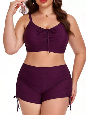 Plus size Deep Purple adjustable drawstring bikini set with ruched shorts.