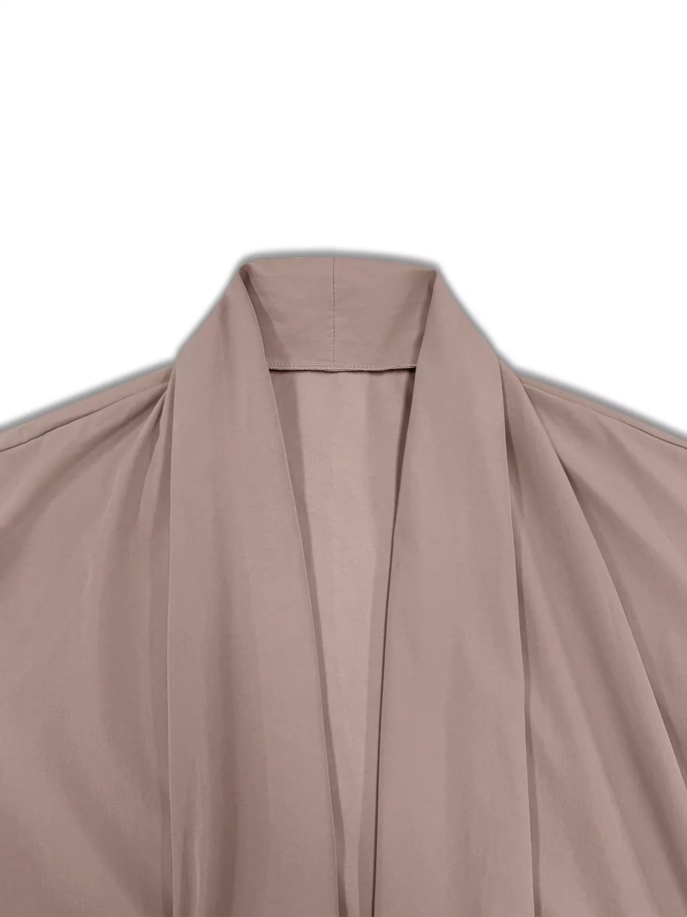 Lightweight open front cardigan in dusty pink with a draped shawl collar.