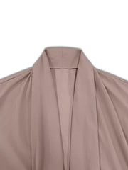 Lightweight open front cardigan in dusty pink with a draped shawl collar.