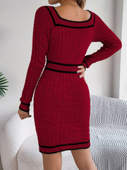 Burgundy ribbed knit bodycon dress with black trim and square neckline.