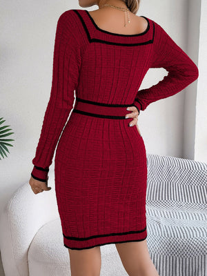 Burgundy ribbed knit bodycon dress with black trim and square neckline.