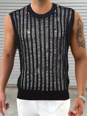 Black textured stripe knit tank top with distressed details and crew neck.