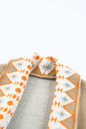 Khaki open-front knit cardigan with geometric trim detail