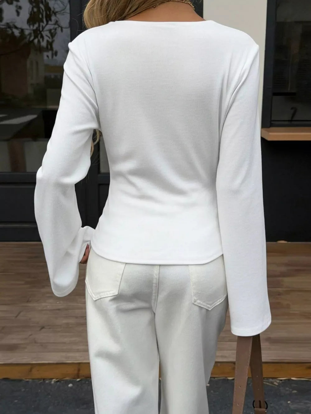 Elegant V-neck Wrap Asymmetrical Blouse in Milky White, editorial view