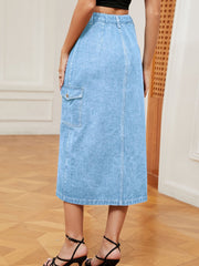 Light wash denim midi skirt with thigh slit and cargo pocket