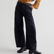 Black frayed hemline palazzo jeans with a wide leg and panel detailing.