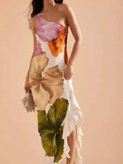 Floral one-shoulder maxi dress with cascading ruffle and large bloom print
