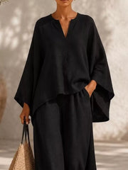 Notched Long Sleeve Top And Wide-leg Pants Set in White, view 14