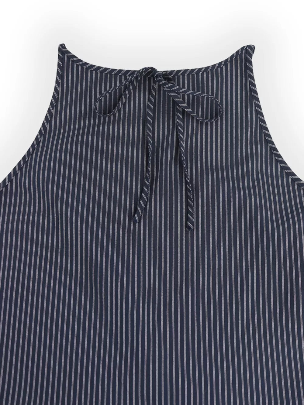 Blue striped sleeveless top with tie neck detail