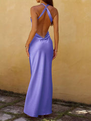 Elegant Halter Neck Satin Maxi Gown