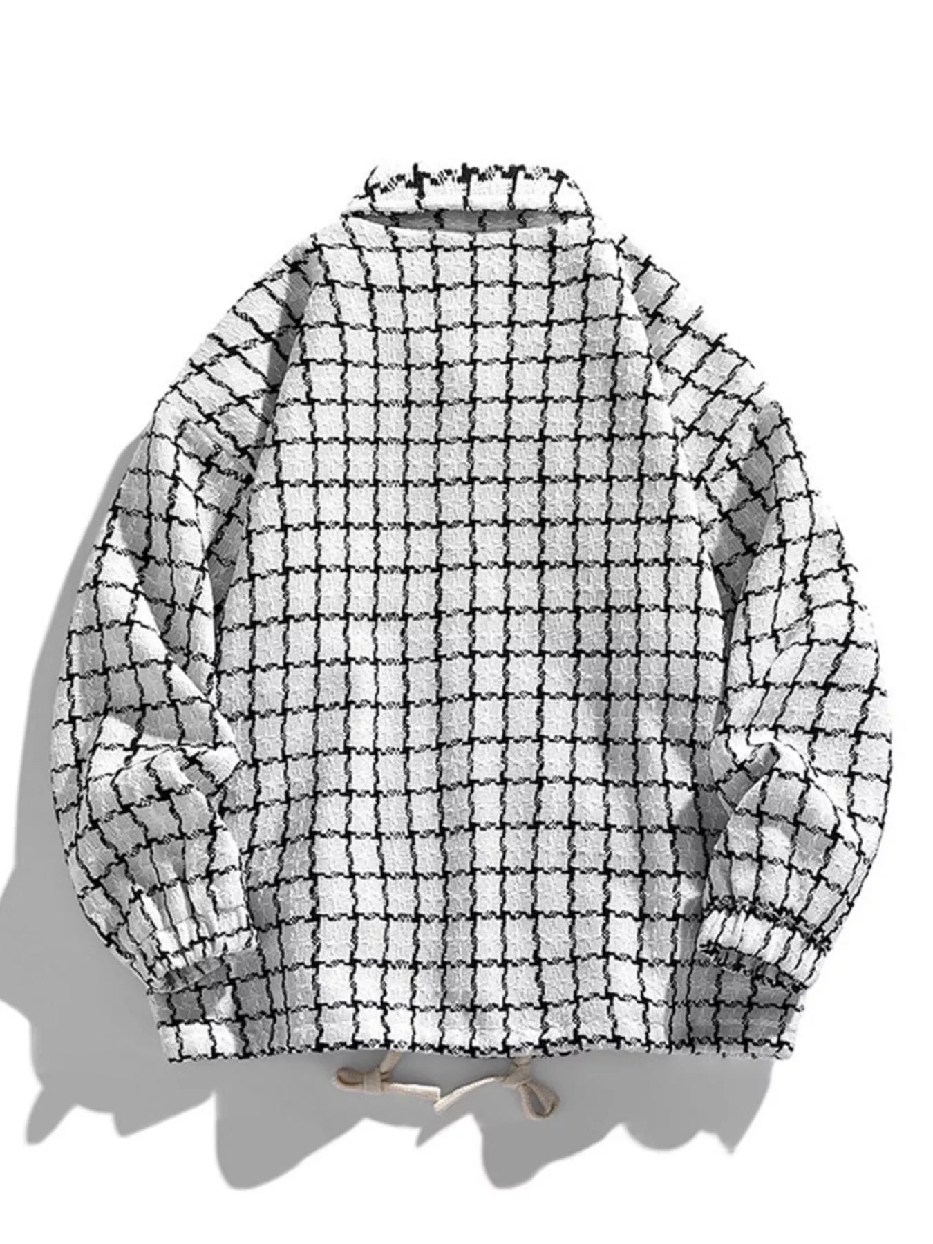 Oversized white plaid button-up jacket with drawstring hem and textured fabric.