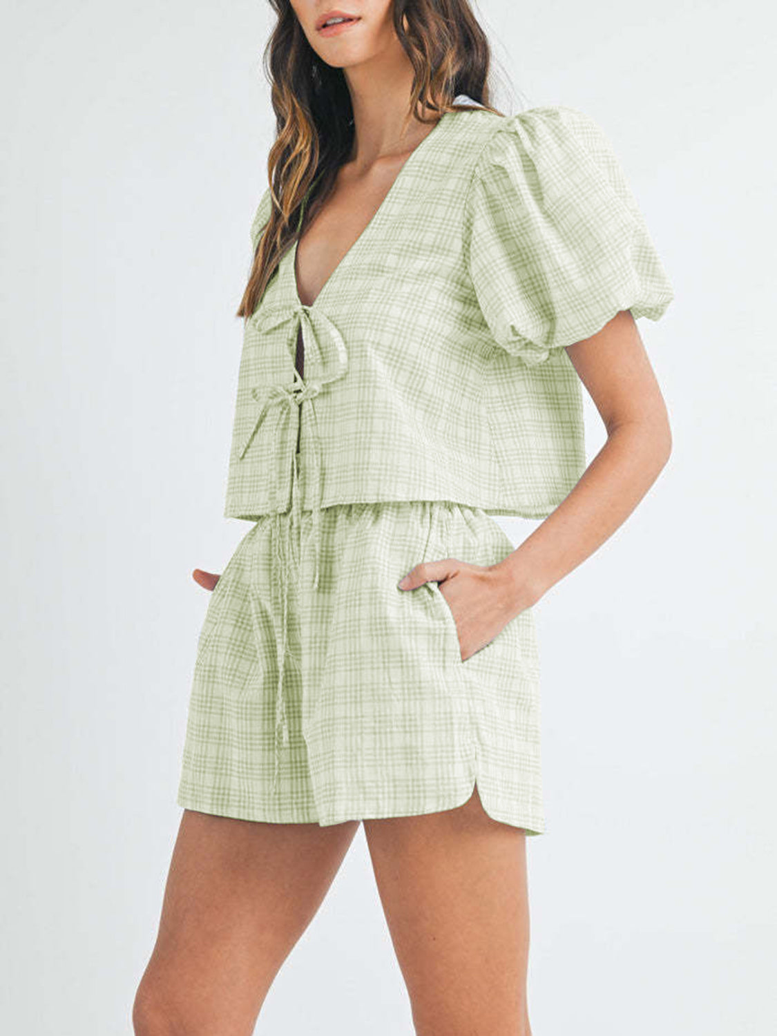 Light green plaid puff sleeve tie-front crop top and drawstring shorts set
