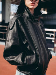 Zip-up Faux Leather Moto Jacket in Brown, side view
