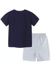 Navy cotton t-shirt and light grey shorts set for boys.