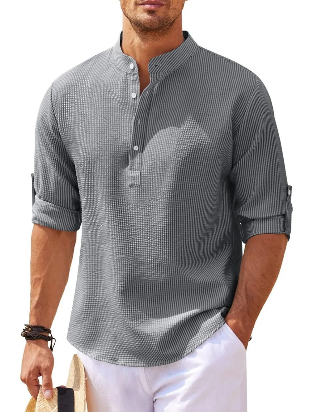 Gray textured henley shirt with roll-up sleeves and button detail
