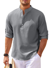Gray textured henley shirt with roll-up sleeves and button detail