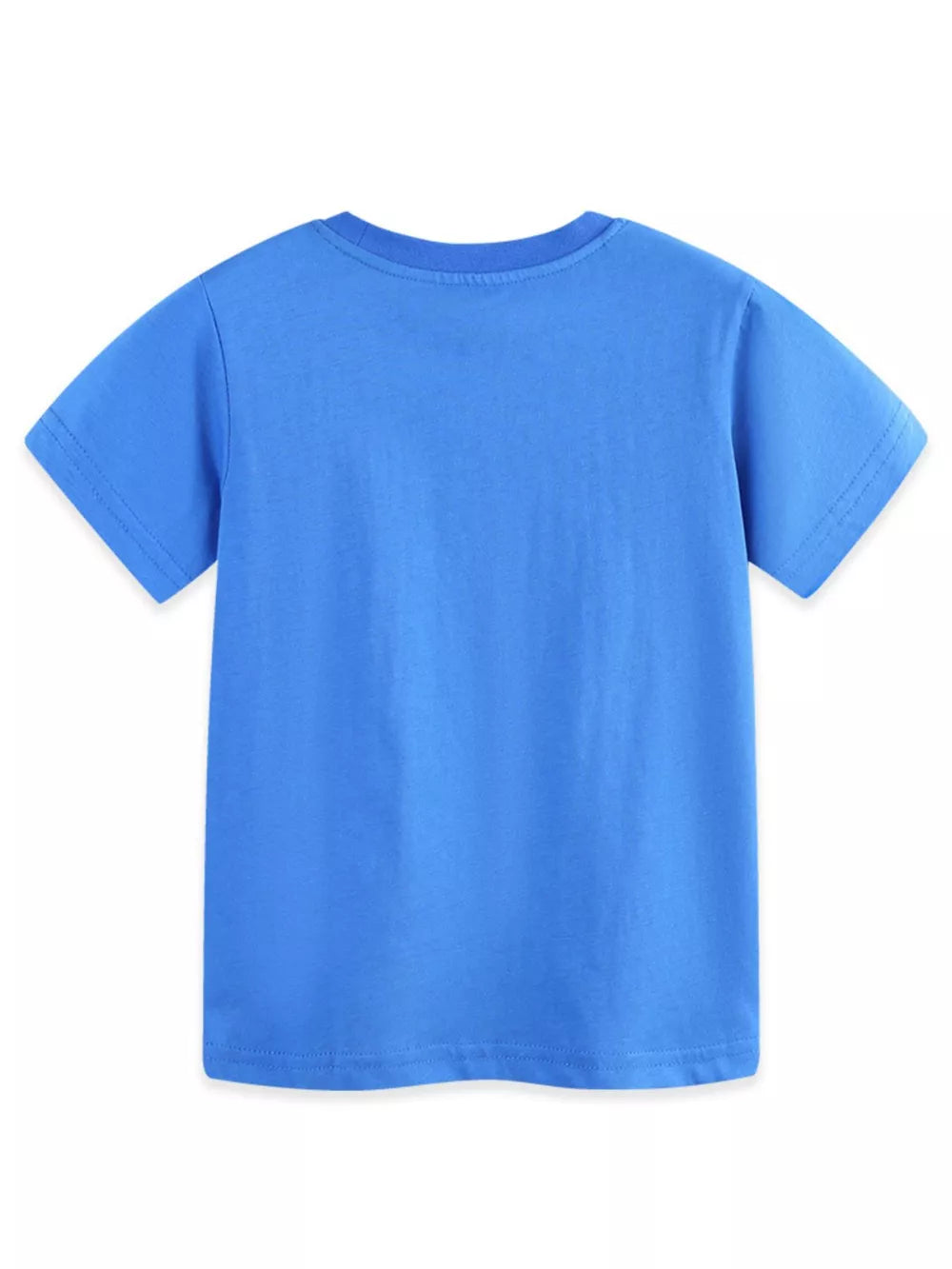 Blue cotton kids' t-shirt with short sleeves and a crew neck.