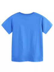 Blue cotton kids' t-shirt with short sleeves and a crew neck.