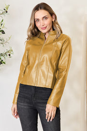 Honey faux leather biker jacket with zip front and stand collar.