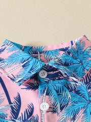 Baby shirt with pink, blue, and navy tropical palm print, cotton, button front.