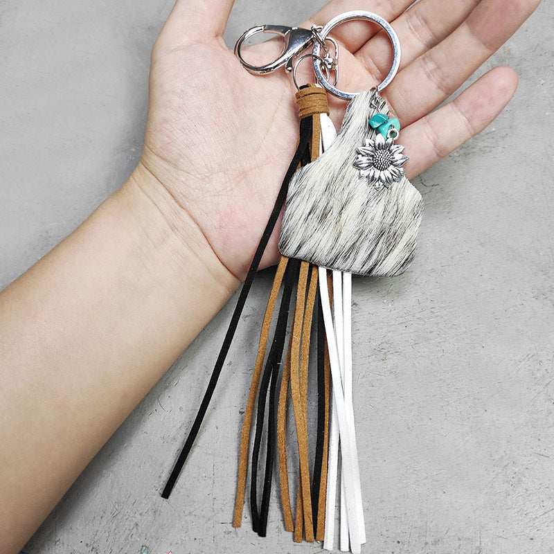 Leopard print tag keychain with multi-color tassels and sunflower charm