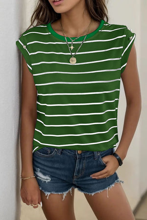 Green and white striped tee with cap sleeves and button shoulder detail
