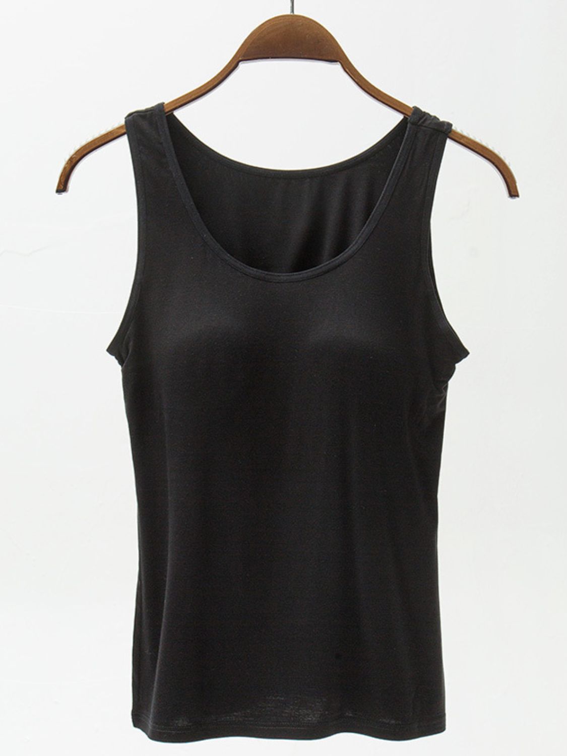 Black basic tank top with built-in support, scoop neckline, sleeveless.