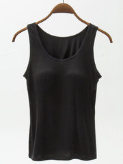 Black basic tank top with built-in support, scoop neckline, sleeveless.