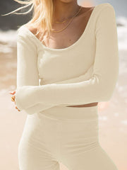 Cream textured ribbed scoop neck long sleeve crop top and matching pants set