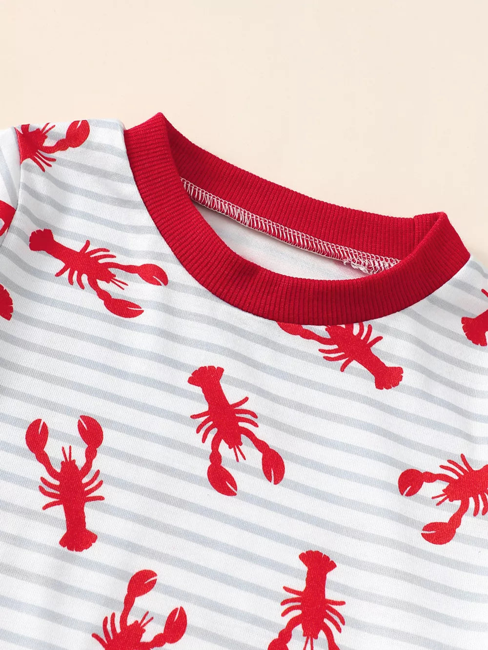 Baby set with red lobster print on white and grey stripes, red trim neckline.