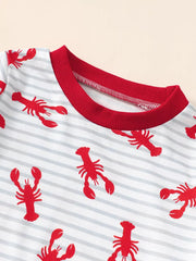 Baby set with red lobster print on white and grey stripes, red trim neckline.