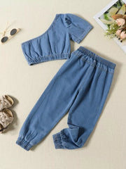 Children's One Shoulder Top And Distressed Jeans Set, fabric detail