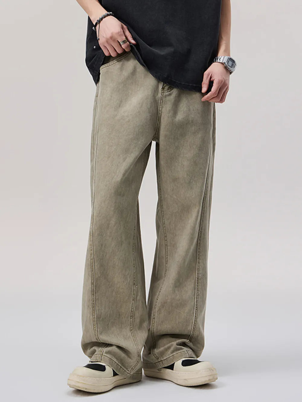 Men's Vintage Wash Wide Leg Pants in Khaki, front view