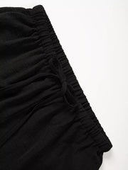 Black maternity pants with drawstring waist and wide legs